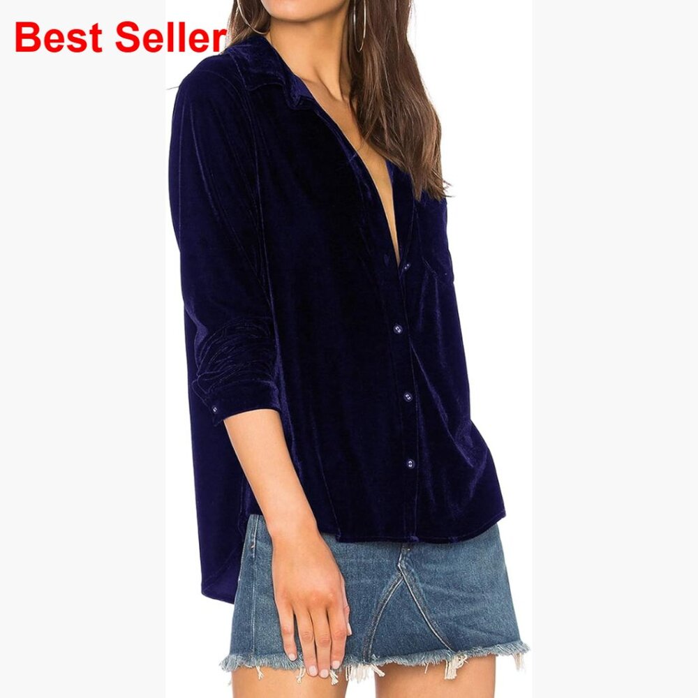Velvet Long Sleeve Button Down Shirt Casual Loose Fit Top